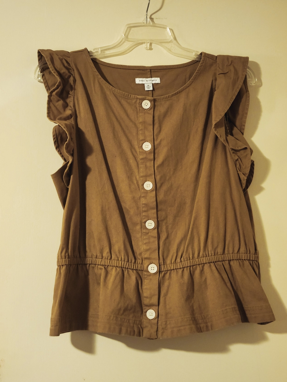 Free Assembly Women's XL Brown Boho Button Front Flutter Sleeve Waisted Blouse
